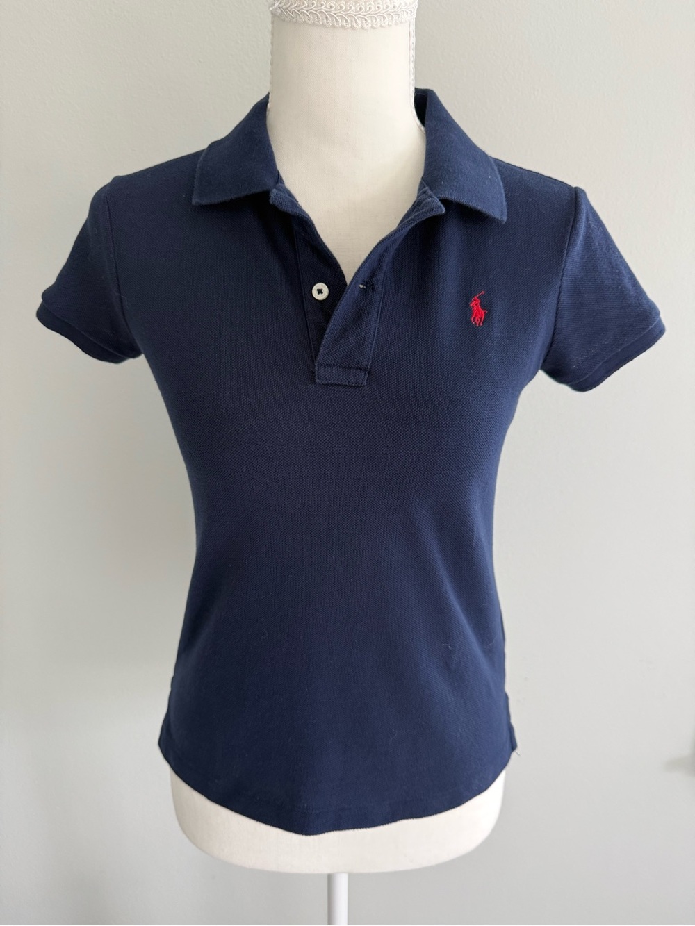 Ralph Lauren Girls Cotton Mesh Polo Shirt, Newport Navy, Red Pony Embroidery, L